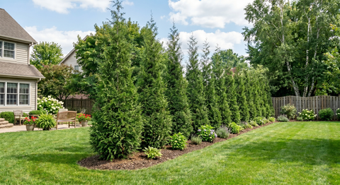 Row of thuja green giants on a yard.